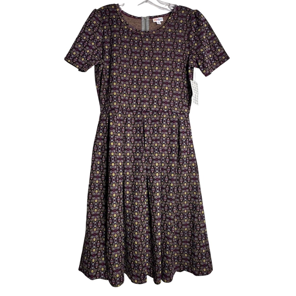 LuLaRoe‎ Amelia Dress Large Purple Yellow Geometric Floral Short Sleeve